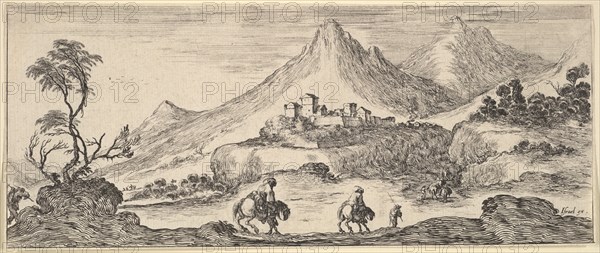 Two horseman descend a hill in center, following another man on foot, a castle in the ..., ca. 1641. Creator: Stefano della Bella.