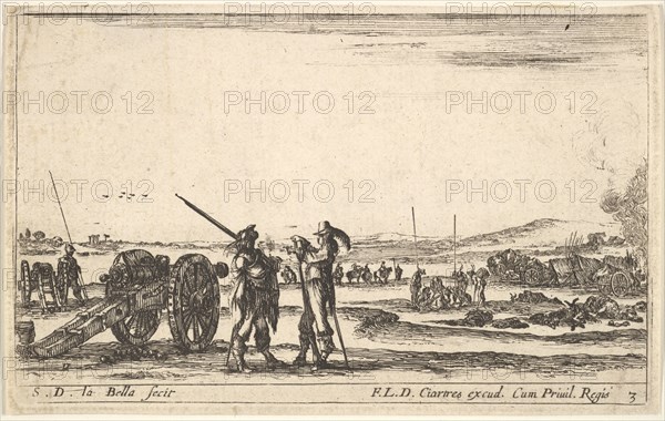 Plate 3: An officer giving orders to a solider in centre foreground, cannon at left, f..., ca. 1641. Creator: Stefano della Bella.