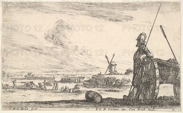 Plate 5: A Pikeman standing at right next to a canon, other military figures in the ba..., ca. 1641. Creator: Stefano della Bella.