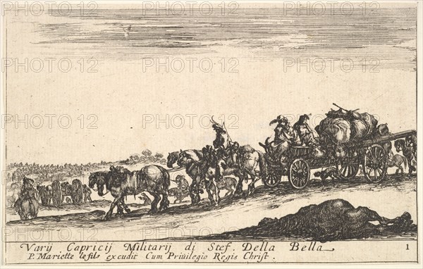 Plate 1: A horse drawn cart carrying people and goods, dead horse in the foreground, f..., ca. 1641. Creator: Stefano della Bella.