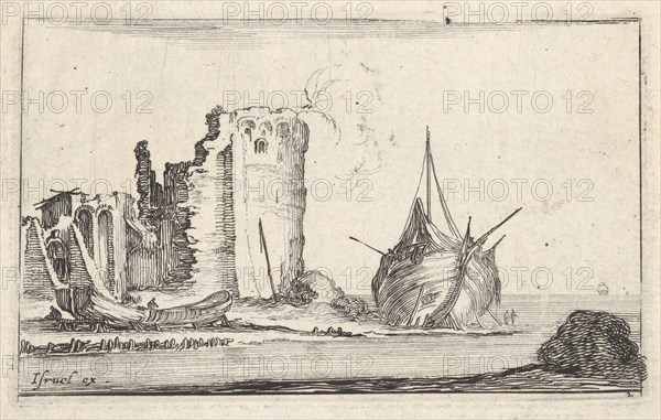 Plate 2: a ship at right and a rowboat at left, washed up on shore, a tower in ruins b..., ca. 1642. Creator: Stefano della Bella.