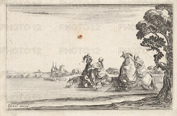Plate 8: two horsemen in hats at right, each with a woman seated behind them, riding t..., ca. 1642. Creator: Stefano della Bella.