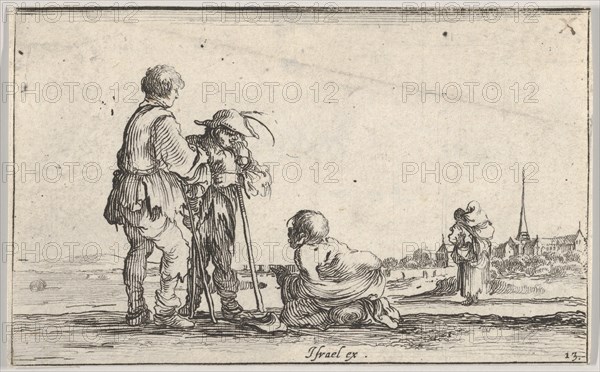 Plate 13: two peasants standing to left, a cripple kneeling on the ground in center, a..., ca. 1642. Creator: Stefano della Bella.