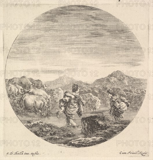 A woman carrying a child in center, seen from behind, another woman to right, facin..., ca. 1643-48. Creator: Stefano della Bella.