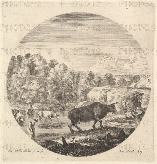Two cows in center, followed by two peasant women and other cows in the river to le..., ca. 1643-48. Creator: Stefano della Bella.