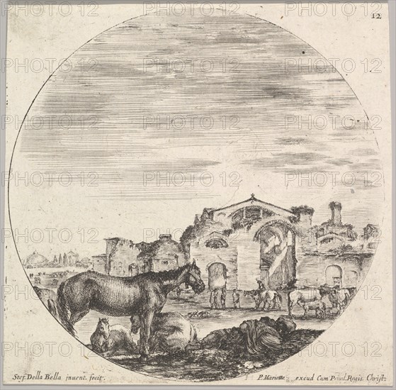 Plate 12: a shepherd sleeping on the ground to right, three horses to left, other h..., ca. 1643-48. Creator: Stefano della Bella.