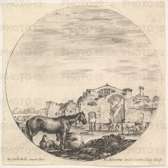 Plate 12: a shepherd sleeping on the ground to right, three horses to left, other h..., ca. 1643-48. Creator: Stefano della Bella.