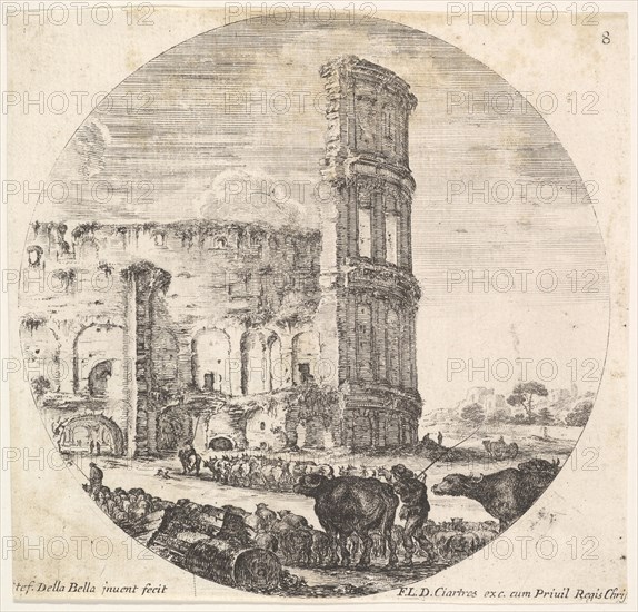 Plate 8: the Colosseum, two herds being directed towards the amphitheater in the fo..., ca. 1643-48. Creator: Stefano della Bella.