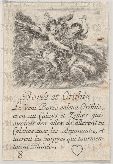 Boreas and Orithyia, from 'Game of Mythology' (Jeu de la Mythologie), 1644. Creator: Stefano della Bella.