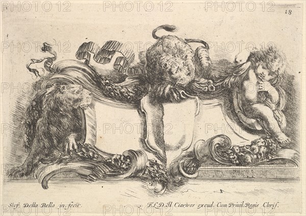Plate 18: a cartouche containing an empty crest, two lionesses, one to left and one in cen..., 1646. Creator: Stefano della Bella.
