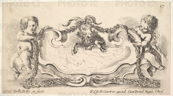 Plate 17: a cartouche with a marble center, an infant on either side holding a garland ove..., 1646. Creator: Stefano della Bella.