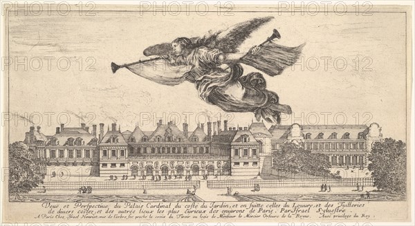 View of the Palais Cardinal, the figure of Fame at top center flying towards the left a..., 1649-51. Creator: Stefano della Bella.