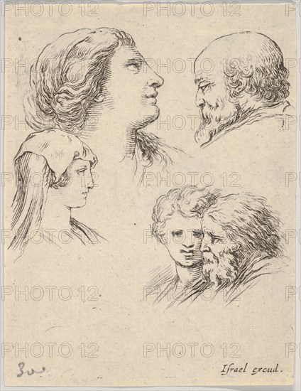 Plate 9: five heads, two young women at left, a bearded man at upper right, a young wo..., ca. 1649. Creator: Stefano della Bella.