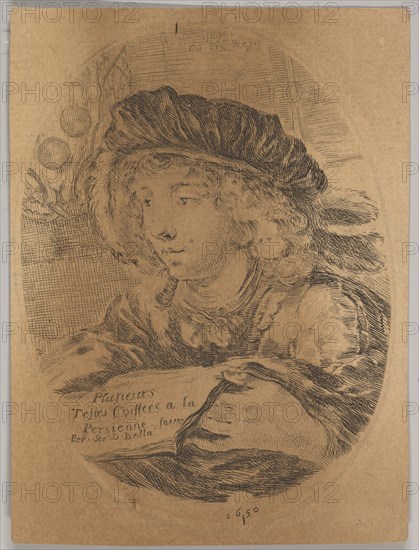 A bust of a young man wearing a cap with feathers, turned three-quarters to the left, the ..., 1650. Creator: Stefano della Bella.