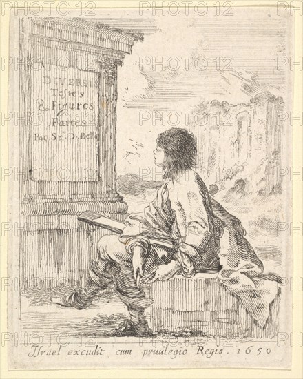 Plate 1: a young man sitting on a stone, facing left in profile, holding a drawing pad in ..., 1650. Creator: Stefano della Bella.