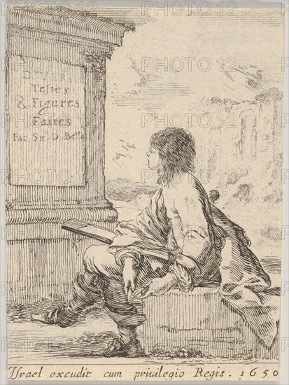 Plate 1: a young man sitting on a stone, facing left in profile, holding a drawing pad in ..., 1650. Creator: Stefano della Bella.