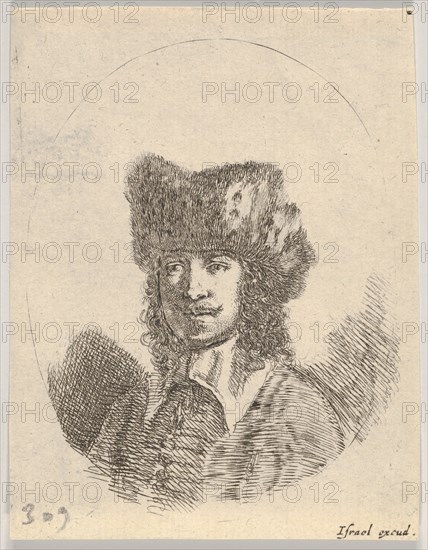 Plate 2: head of a man with a moustache and fur cap facing left, an oval composition, from..., 1650. Creator: Stefano della Bella.