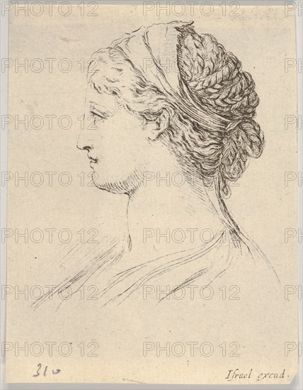 Plate 3: head of a woman with braided hair, turned in profile to the right, from 'Various ..., 1650. Creator: Stefano della Bella.