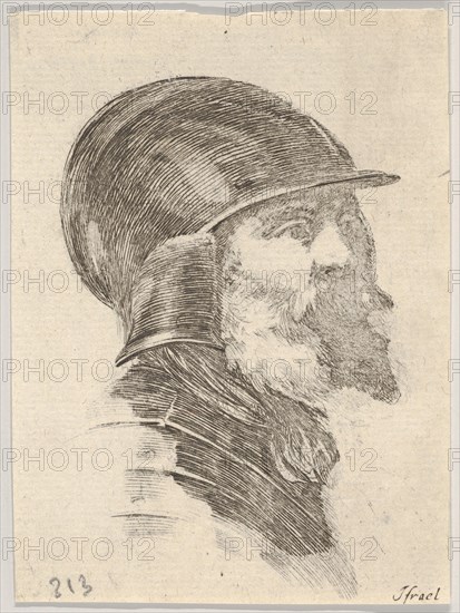 Plate 6: head of an old bearded soldier wearing a helmet facing right, from 'Various heads..., 1650. Creator: Stefano della Bella.