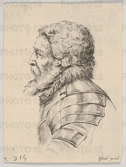 Plate 7: bust of a bearded soldier wearing armor, facing left in profile, from 'Various he..., 1650. Creator: Stefano della Bella.