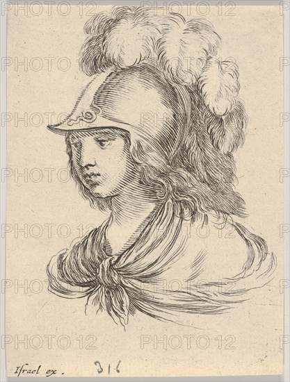 Plate 9: bust of Minerva, wearing a helmet with feathers, looking towards the left, from '..., 1650. Creator: Stefano della Bella.