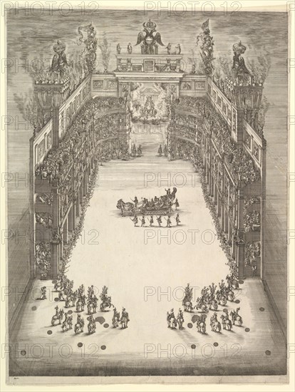 Theater at Modena, seen from above and filled with spectators, with a triumphal car at cen..., 1652. Creator: Stefano della Bella.