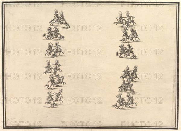 Twenty-four riders dueling and forming two columns, from 'La Gara delle Stagioni', 1652. Creator: Stefano della Bella.