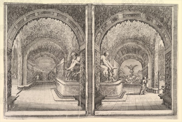 Two views of a grotto, both views with a fountain with a seated statue, seen from the ..., ca. 1653. Creator: Stefano della Bella.