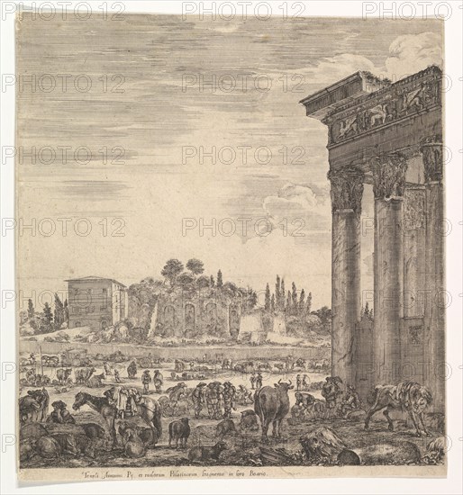 The columns of the Temple of Antoninus to right, a part of the Campo Vaccino in center and..., 1656. Creator: Stefano della Bella.