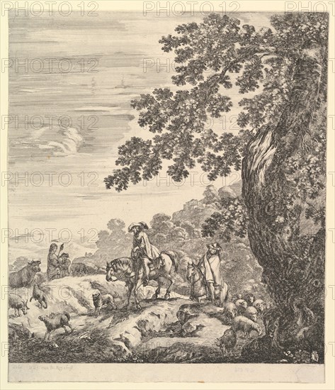 Two horsemen pass a flock, riding towards the left, a peasant woman and a young boy to..., ca. 1656. Creator: Stefano della Bella.