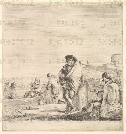 Standing sailor in center talking to a seated Levantine man to left, seen in profil..., ca. 1658-63. Creator: Stefano della Bella.