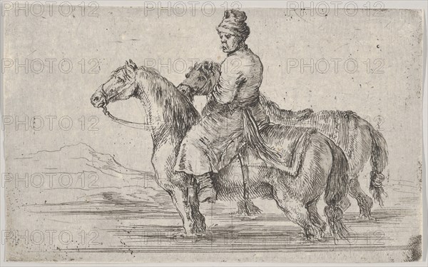 A valet taking two horses to bathe, sitting atop one horse in a river, the other besid..., ca. 1662. Creator: Stefano della Bella.