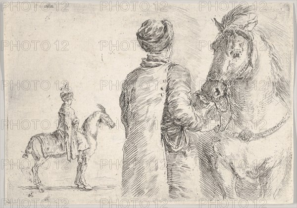 A Polish valet, seen from behind, holding the bridle of a horse to right, a Polish hor..., ca. 1662. Creator: Stefano della Bella.