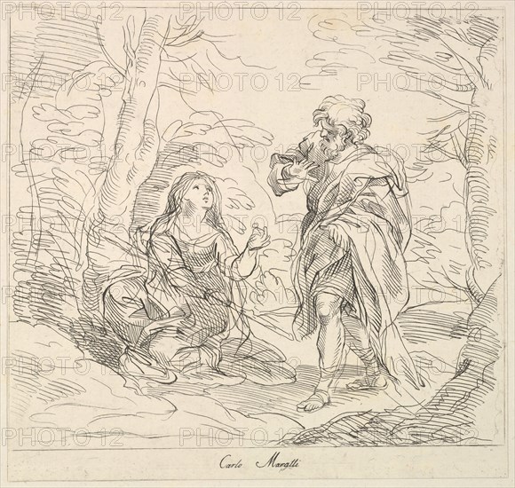 Seated woman and Bearded Man in a Landscape, 1740-1802. Creator: Giuseppe Canale.