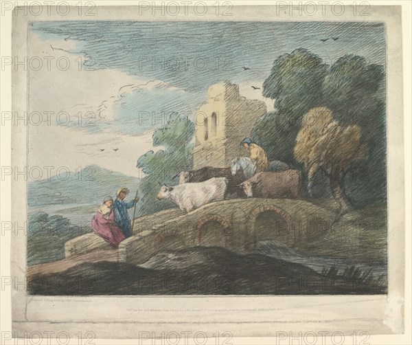 Wooded Landscape with Herdsmen Driving Cattle over a Bridge, Rustic Lovers and Ruined Castle, 1797. Creator: Thomas Gainsborough.