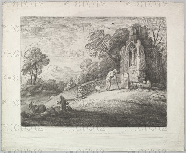 Wooded Landscape with a Peasant Reading a Tombstone, Rustic Lovers and a Ruined ..., August 1, 1797. Creator: Thomas Gainsborough.