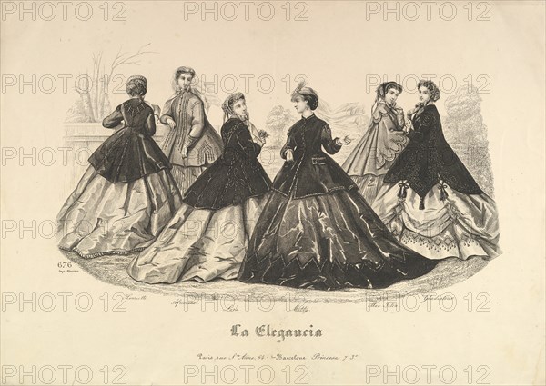 Six Women Outdoors, No. 676, from La Elegancia, 1865-66. Creator: Heloise Leloir.