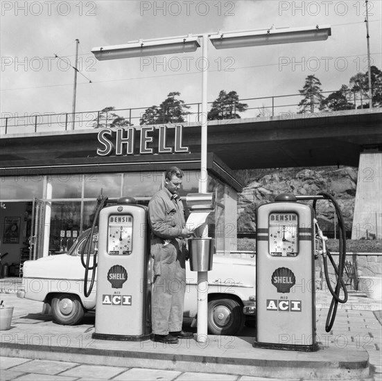 Shell gas station in the Stockholm area, Sweden, 1957. Creator: Unknown.