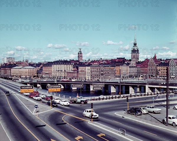 Left traffic over Vasabron, Sweden; with view towards Kornhamnstorg, Stockholm, 1960s. Creator: Unknown.