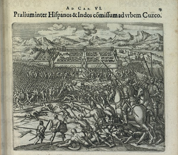 Battle between the Spaniards and the Indians at the gates of Cuzco, 1596. Creator: Bry, Theodor de (1528-1598).