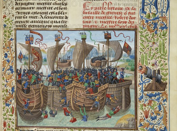 The naval Battle of Guernsey, 1342, ca 1470-1475. Creator: Liédet, Loyset