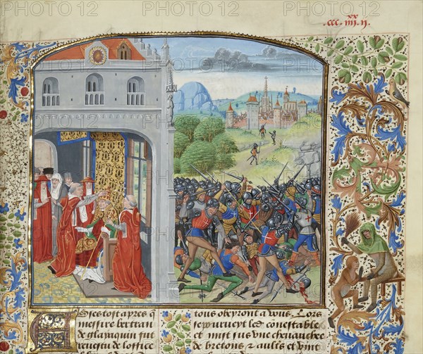 The crowning of Pope Gregory XI and the Battle of Pontvallain, 1370, ca 1470-1475. Creator: Liédet, Loyset