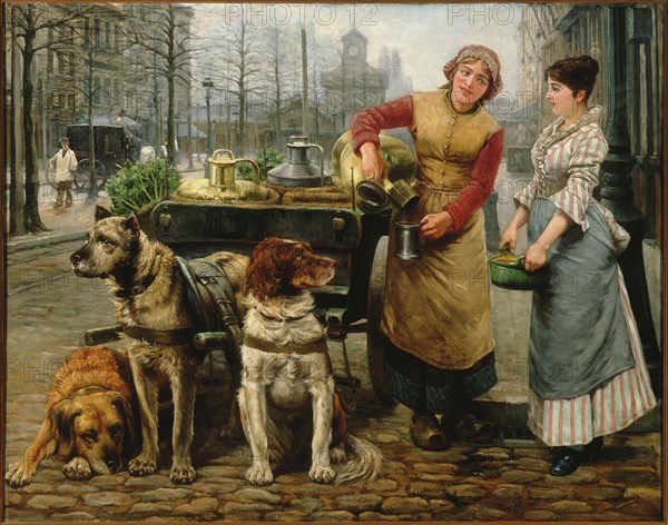 The Milkmaid with dog cart on the De Keyserlei in Antwerp , c. 1890. Creator: Houben, Henri