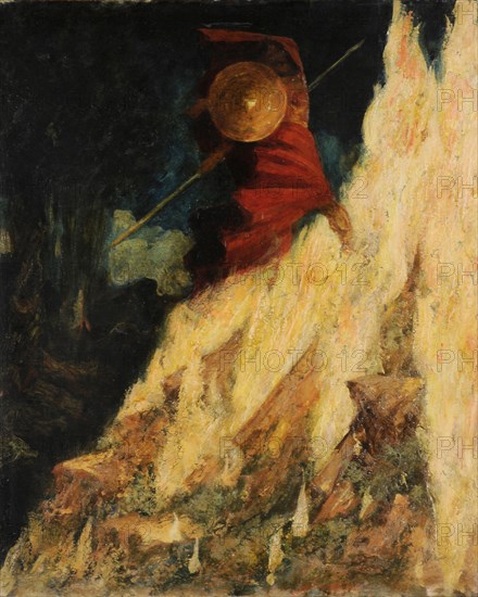 The Valkyrie. Wotan strikes the rock with the spear, c. 1895. Creator: Fortuny y Madrazo, Mariano