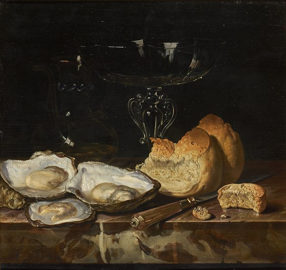 Still life with oysters, bread and Venetian wine glass, 1661. Creator: Fromantiou, Henri de