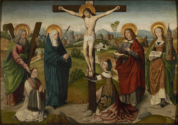 The Crucifixion with Saints and Donators, c.1490-1495. Creator: Master of the Aachen Cabinet Doors (Master of the Aachen Life of the Virgin) (active ca. 1485-1500).