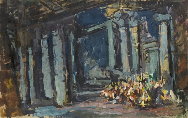 Cleopatra's Palace, Egyptian Hall. Stage design for the opera-ballet Mlada by Rimsky-Korsakov, 1916. Creator: Korovin, Konstantin Alexeyevich