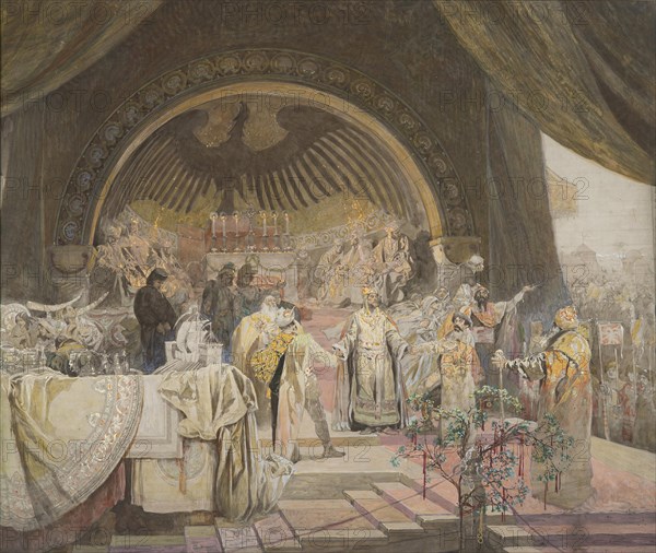 Ottokar II of Bohemia. The Union of Slavic Dynasties (The cycle The Slav Epic) Sketch. Creator: Mucha, Alfons Marie (1860-1939).