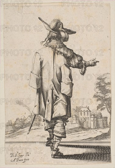 Gentleman Seen from the Back Pointing towards a Chateau, 1629. Creator: Abraham Bosse.