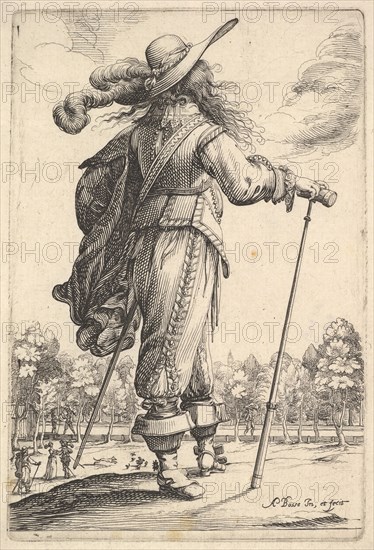 A gentleman, seen from behind, walking towards the right with a cane and wearing a plumed ..., 1629. Creator: Abraham Bosse.